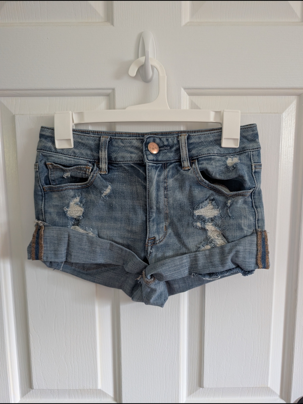 American Eagle Outfitters Women's Hi Rise Shortie Blue Denim Shorts Size 8